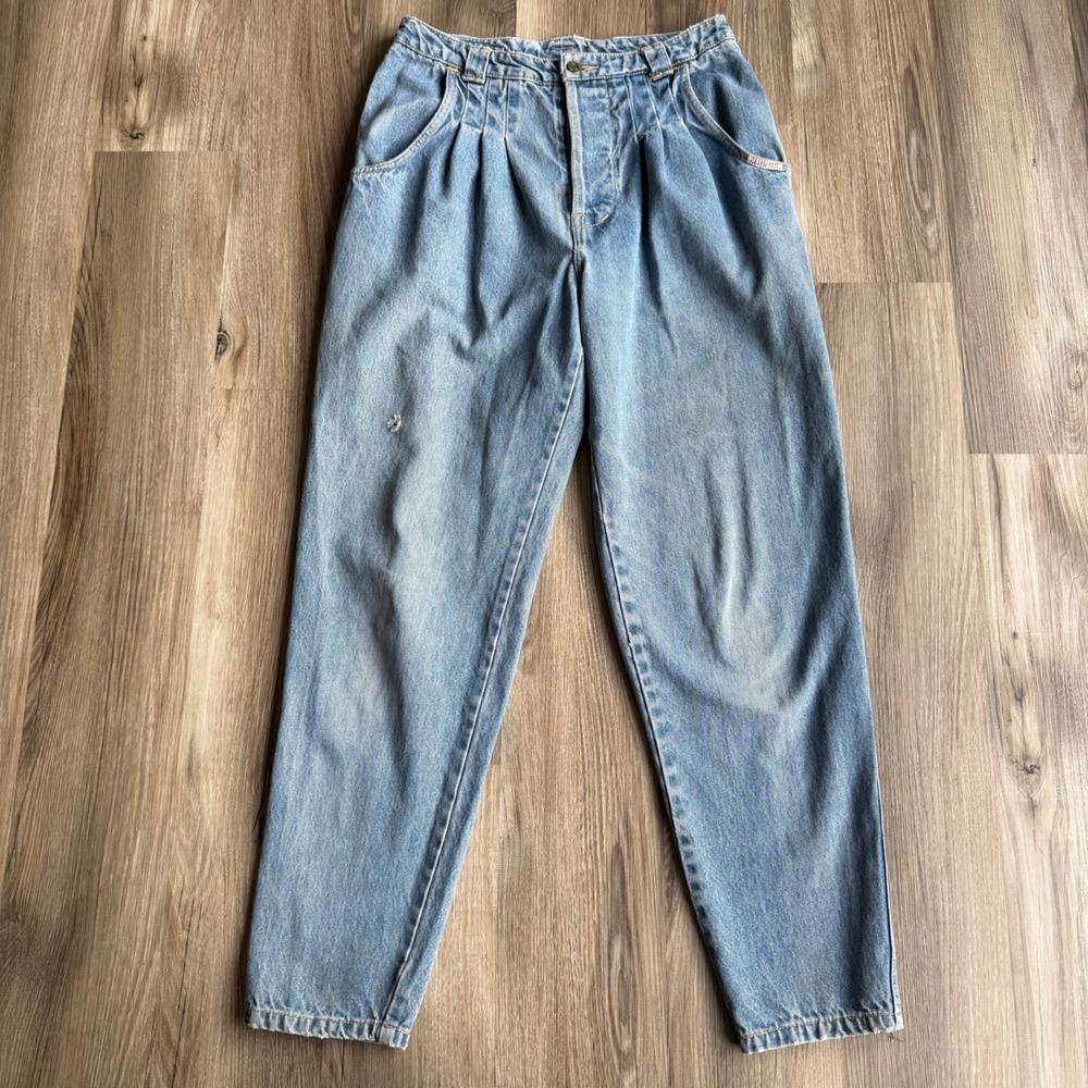 Vintage 80s Pleated High‎ Waist Tapered Leg Light Wash Denim Jeans Size 11/12